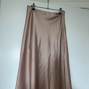 Beige High Waist Satin A Line Flared Midi Skirt Size M